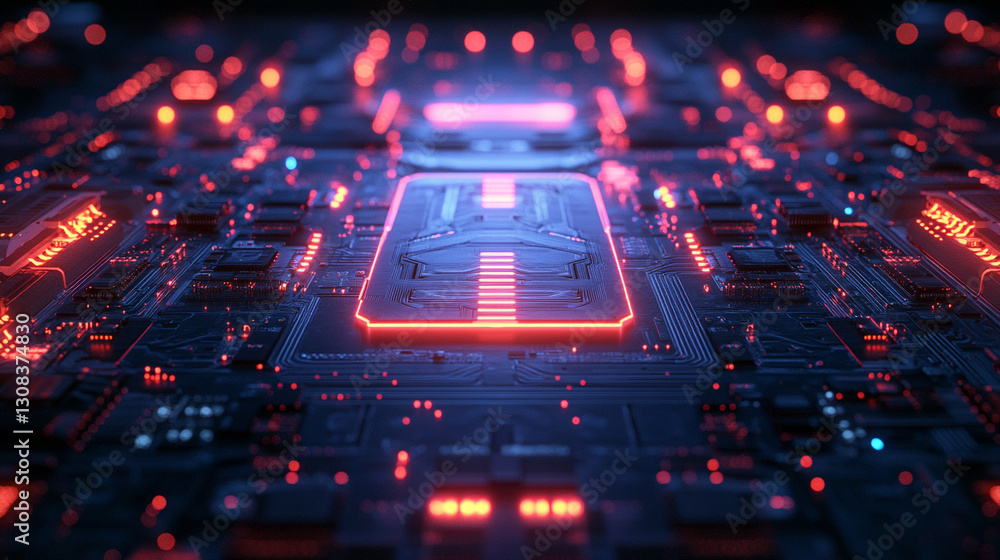 Poster a futuristic electronic circuit board with glowing pathways symbolizes modern technology, innovation