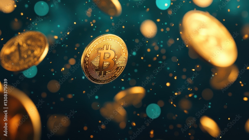 Poster bitcoin coins falling in a digital space cryptocurrency concept virtual environment abstract viewpoi