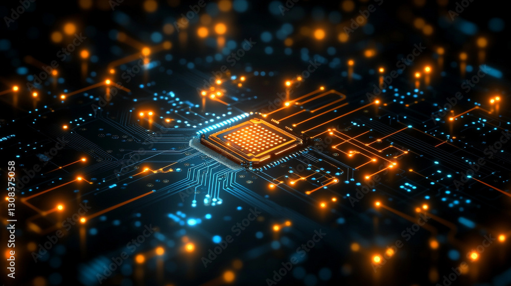 Poster a futuristic electronic circuit board with glowing pathways symbolizes modern technology, innovation