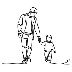 continuous one single black line art doodle drawing of Father and child walking hand in hand father day concept illustration