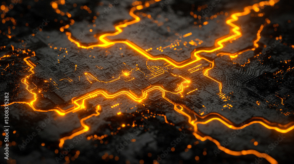 Poster a futuristic electronic circuit board with glowing pathways symbolizes modern technology, innovation