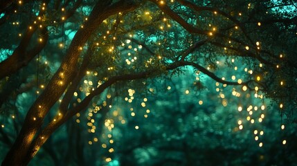 Magical Night Scene with Glowing Lights on Tree Branches