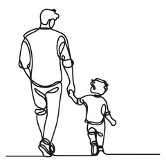 continuous one single black line art doodle drawing of Father and child walking hand in hand father day concept illustration