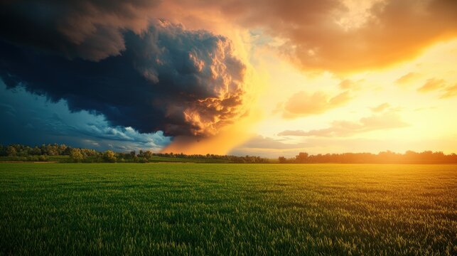 Serene field of green grass under a dramatic cloudy sky with rolling clouds and soft light effects