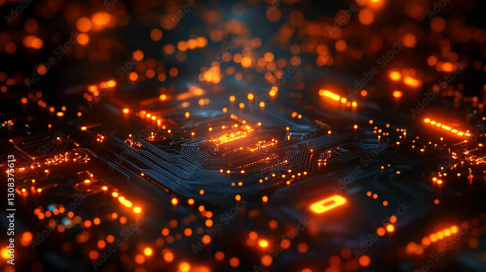 Poster a futuristic electronic circuit board with glowing pathways symbolizes modern technology, innovation