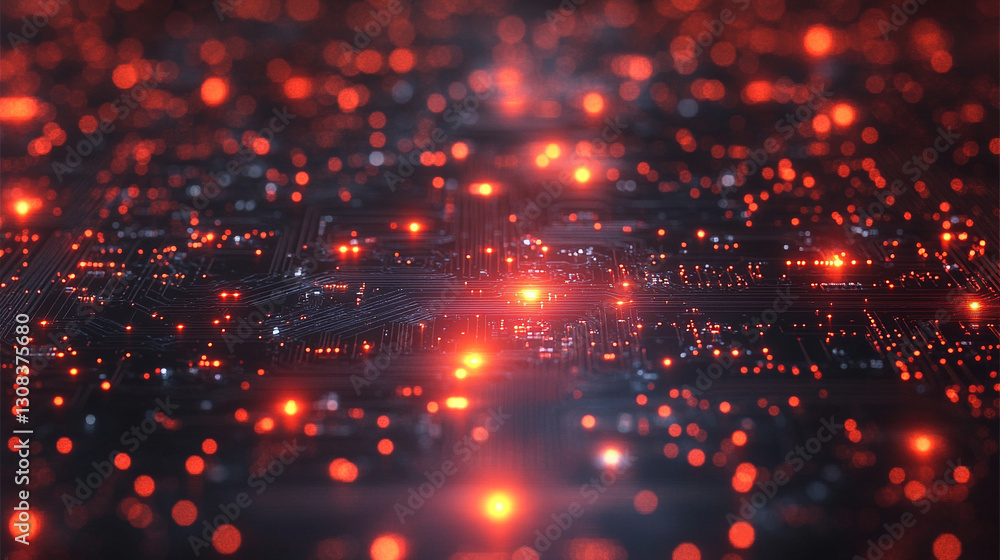Poster a futuristic electronic circuit board with glowing pathways symbolizes modern technology, innovation