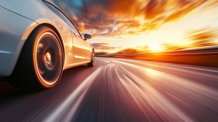 Car Speeding on Road at Sunset Creating Motion Blur and Bright Light Trails