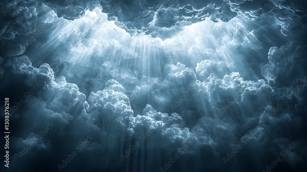 Poster beautiful light streams through dense clouds in the atmosphere