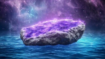 Naklejka premium Glowing Purple Crystal Rock on Digital Water, Cosmic Nebula Background