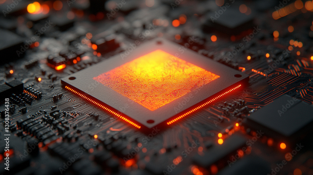 Poster a futuristic electronic circuit board with glowing pathways symbolizes modern technology, innovation