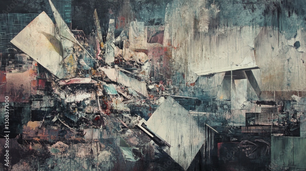 Poster abstract destruction art with chaotic forms and mixed textures