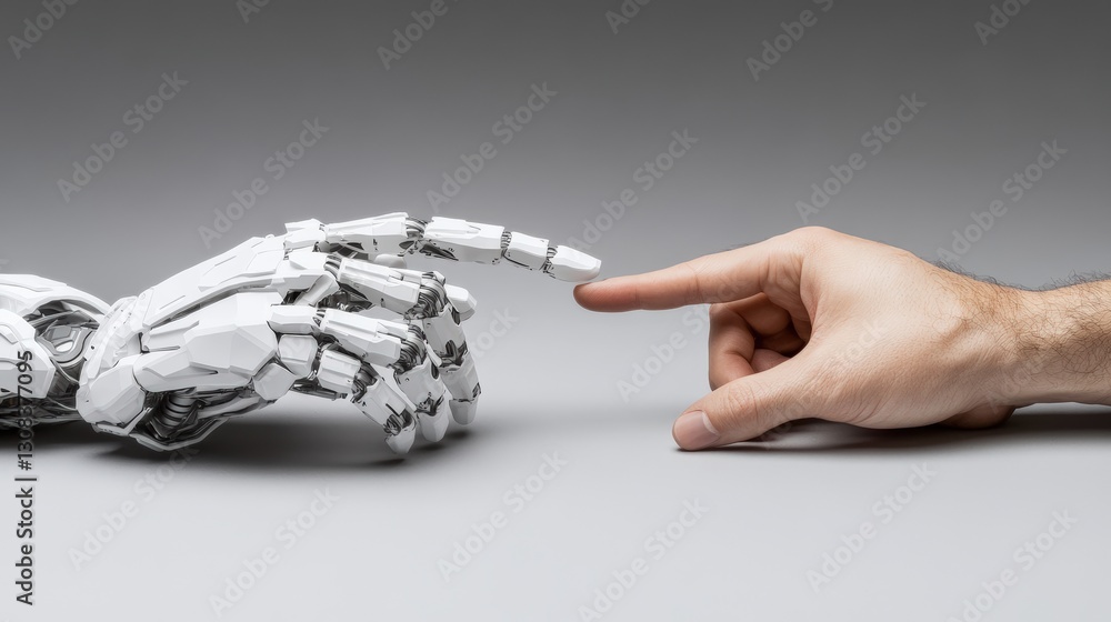 Poster a hand gently touching a white paper robot symbolizing the intersection of technology and human inte