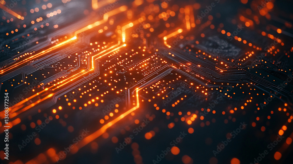 Poster a futuristic electronic circuit board with glowing pathways symbolizes modern technology, innovation