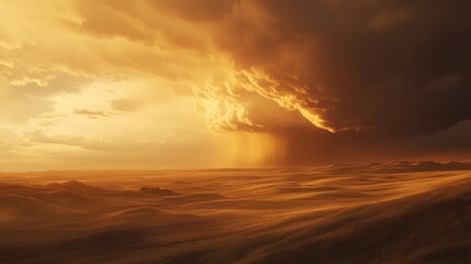 Dramatic Sunset Over Vast Desert Landscape with Stormy Clouds