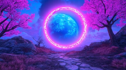 Fototapeta premium Glowing Purple Ring Encircling Blue Planet in a Pink Twilight Fantasy Landscape