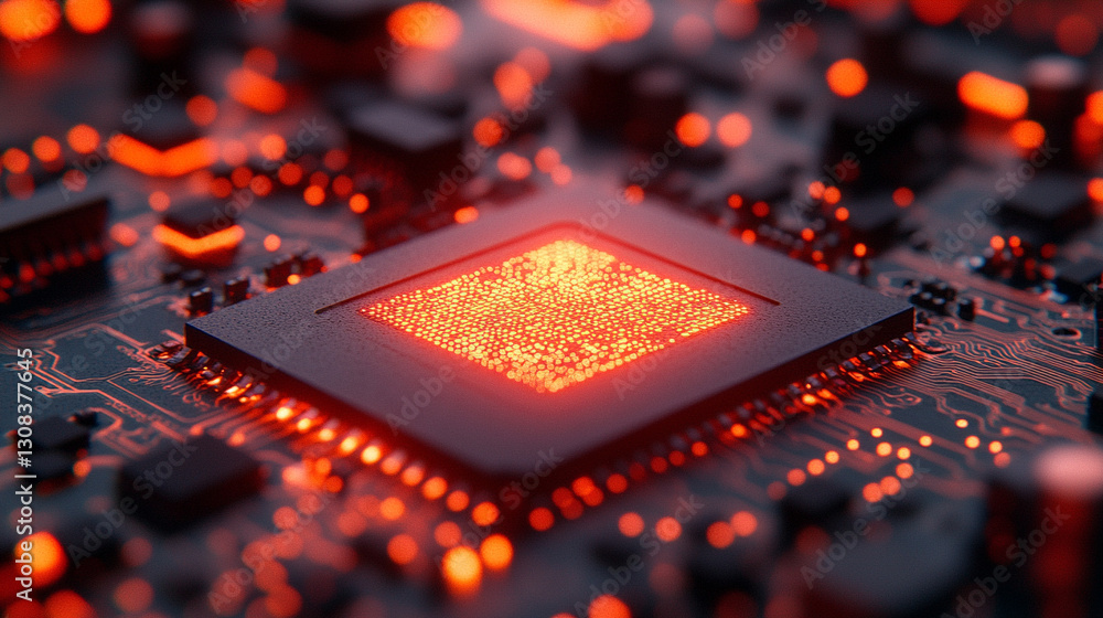 Poster a futuristic electronic circuit board with glowing pathways symbolizes modern technology, innovation