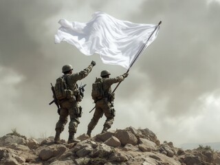 Soldiers signaling a truce with a white flag in a war-torn area