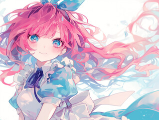 ファンタジーの世界へ ピンクヘアのアリス風少女と青い背景