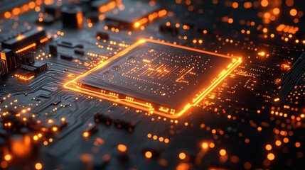 A futuristic electronic circuit board with glowing pathways symbolizes modern technology, innovation, and high-speed digital communication, illustrating the seamless flow of data in a connected world.
