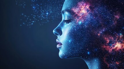 Obraz premium A woman's face illuminated against a cosmic galaxy background featuring stars and colorful nebulae with blue hues