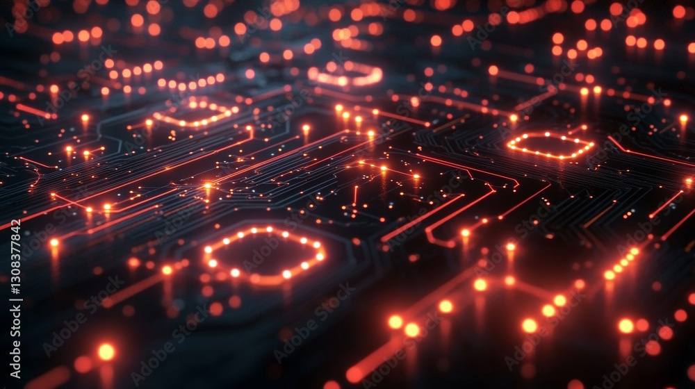 Poster a futuristic electronic circuit board with glowing pathways symbolizes modern technology, innovation