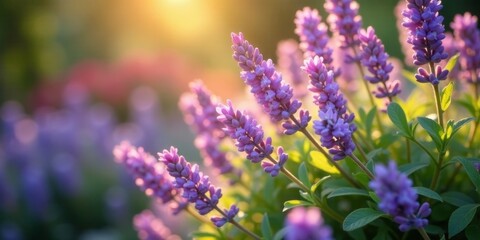 Golden Hour Illumination of Delicate Purple Flower Blooms in a Lush Garden Setting