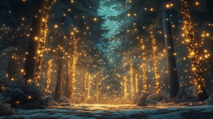 Enchanted Forest with Mystical Light Particles in Winter Wonderland