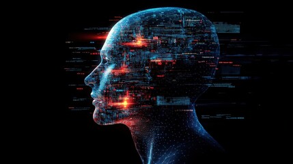 Obraz premium Futuristic depiction of a human head with an advanced digital interface illustrating complex data and information flow