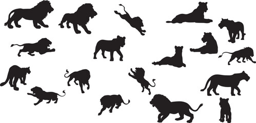 Set of silhouettes of lion in various poses
