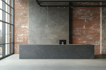 A 3D-rendered office interior with a modern gray reception desk against a textured concrete and brick wall backdrop.