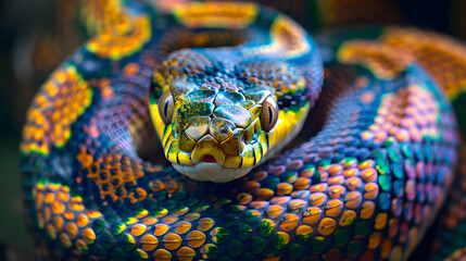 Fototapeta premium Close-up Shot of Green-yellow Venomous Snake: A Study in Vivid Detail and Intense Colors