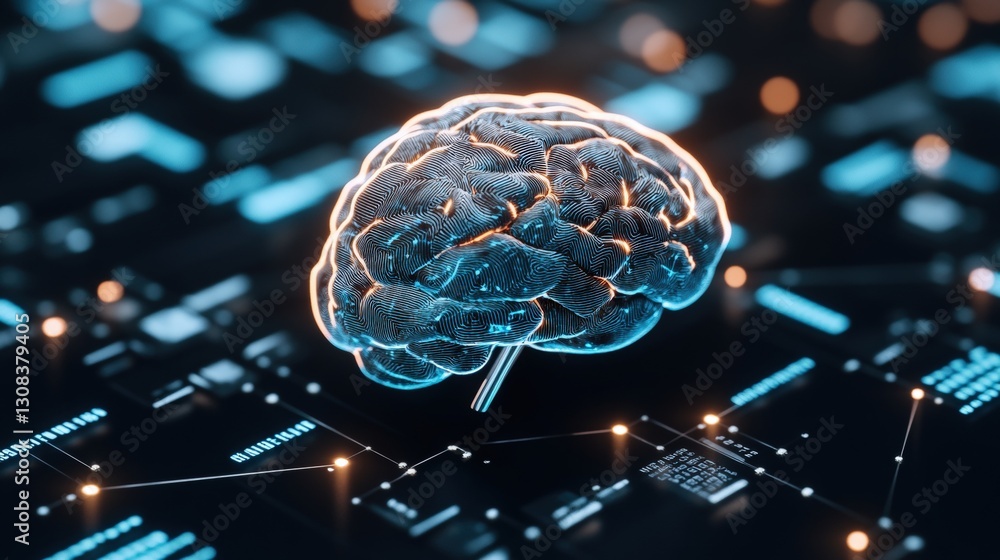 Poster Conceptual image of a brain integrated on a circuit board representing the intersection of neuroscience and technology
