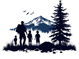 Family enjoying a walk in the woods surrounded by lush greenery and tall trees under a bright blue sky