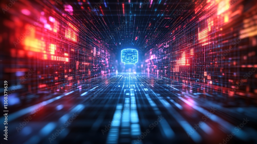 Poster Abstract view of a tunnel illuminated by red and blue lights creating a dynamic and futuristic environment