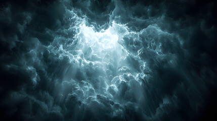 Dramatic view of clouds illuminated by ethereal sunlight