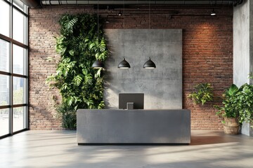 A 3D-rendered office interior with a modern gray reception desk against a textured concrete and brick wall backdrop.