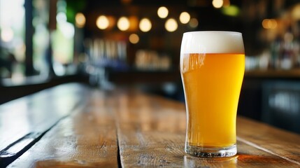 Pint of Beer on Wooden Bar Top - A refreshing pint of beer sits on a rustic wooden bar top in a dimly lit pub. The scene evokes relaxation, camaraderie