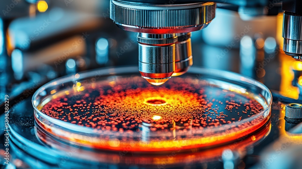 Poster viewing specimen sample under microscope in lab with blurred equipment background