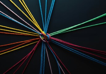 Vibrant, intertwined threads knotting together on shadowy surface, representing collaborative power, interconnectedness, and shared human potential through diversity