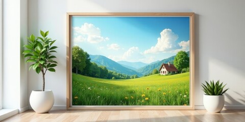 Serene Landscape Painting in a Modern Interior Setting Featuring a Picturesque Rural Home Amidst a Vibrant Meadow and Majestic Mountains, Enhancing the Room's Ambiance with Natural Beauty