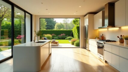 Fototapeta premium Modern kitchen design with expansive garden view through floor-to-ceiling windows