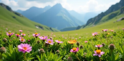 Tiny alpine flowers carpet a high-altitude meadow, alpine flowers, botanical photography, colorful