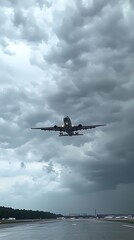 Airplane landing in stormy weather.