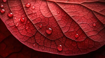 Fototapeta premium Water droplets on vibrant red leaf surface, macro close-up, detailed texture