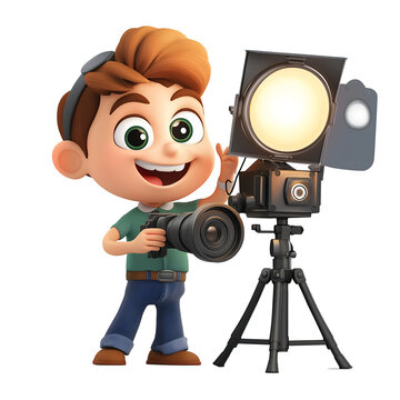 Cartoon Character Holding Camera Next To Light Stand on Transparent or White Backdrop