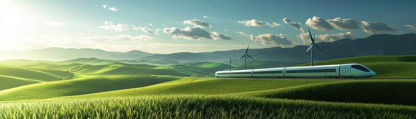 Obraz premium A sleek train travels through lush green hills under a bright sky, symbolizing modern transportation amidst nature.