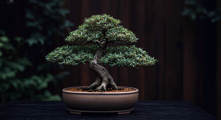 Bonsai tree in a pot on a black rustic table at an isolated background