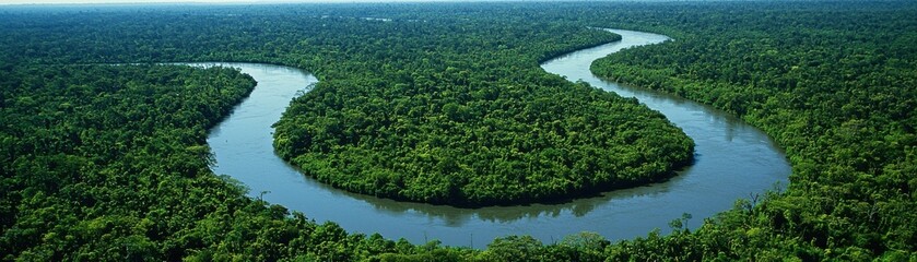 Fototapeta premium Aerial view of a winding river surrounded by lush greenery, showcasing the beauty of nature and the intricate patterns of waterways.