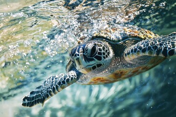 Obraz premium A sea turtle gracefully swims through clear water, showcasing its intricate shell patterns and serene movement.