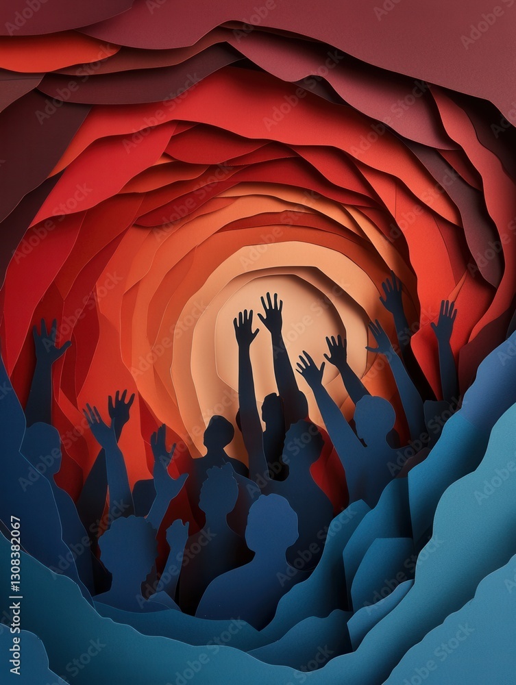 Poster powerful paper art design showcasing crowd activism with layered silhouettes and vibrant colors gene